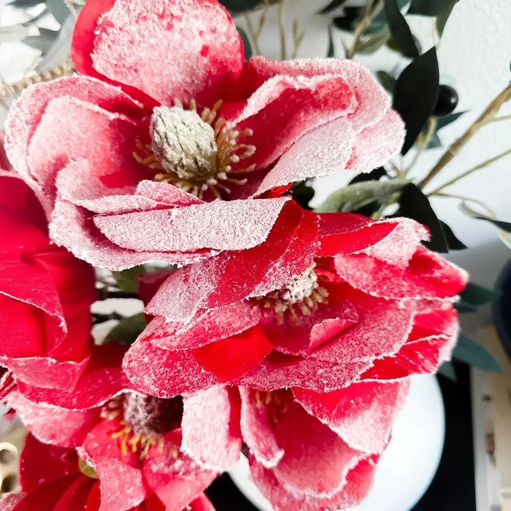 Snowy Frosted holiday red Magnolia Christmas stems Bundle artificial flowers
